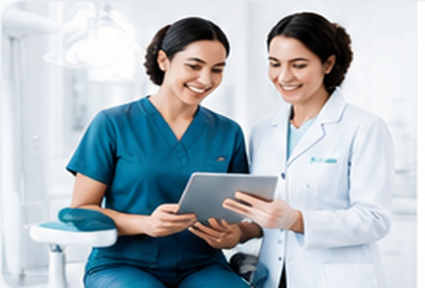 Dental assistants reviewing career resources